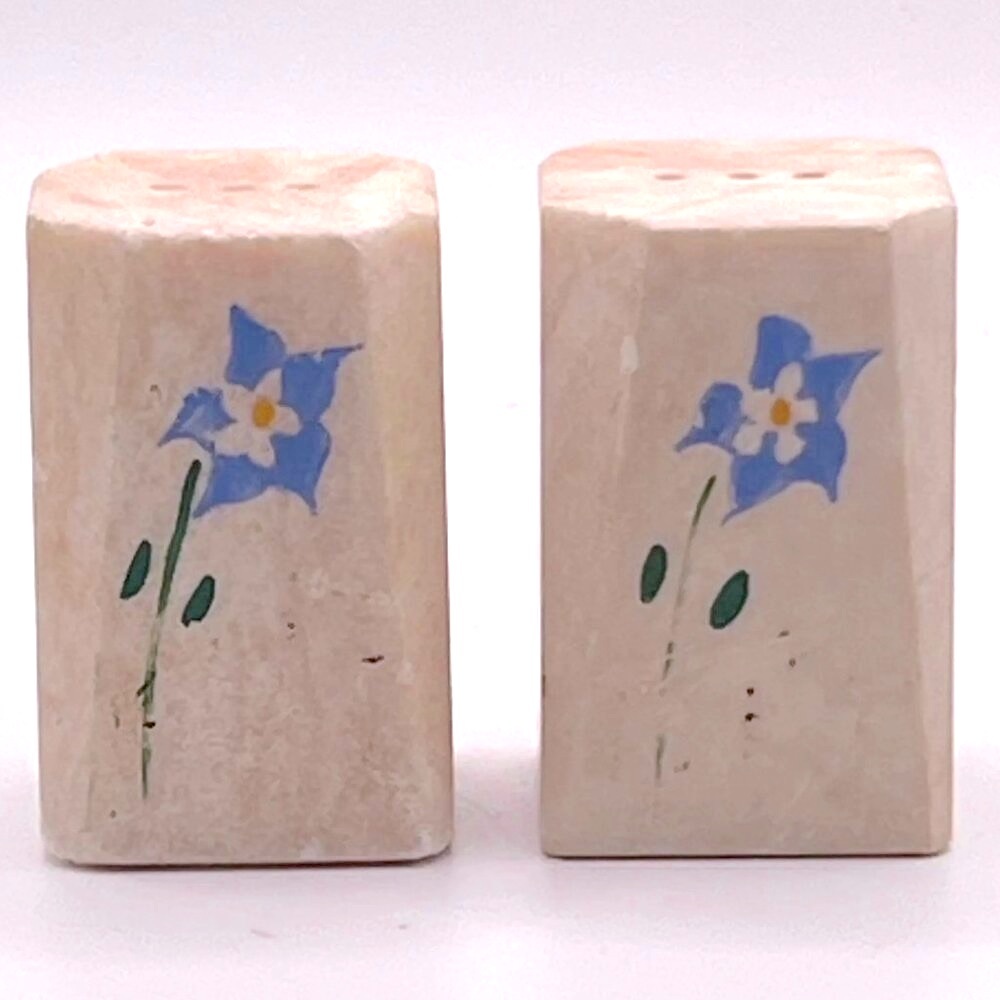 Vintage blue flower stone salt and pepper shakers